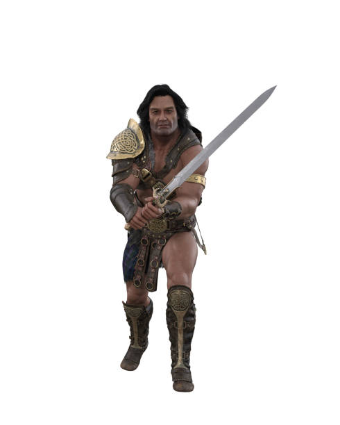 istock Fantasy barbarian warrior man in fighting pose with sword. Isolated 3D illustration. 1869977307
