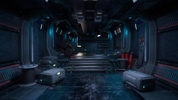 istock Futuristic corridor in a fantasy sci-fi underground outpost. Science fiction concept background 3D rendering. 1869977729