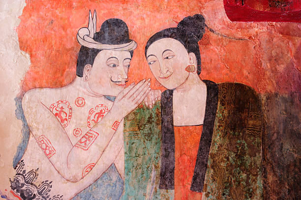 Mural Painting Mural Painting of Wat Phumin, Nan Province Thailand painted image paintings oil paint senior women stock pictures, royalty-free photos & images