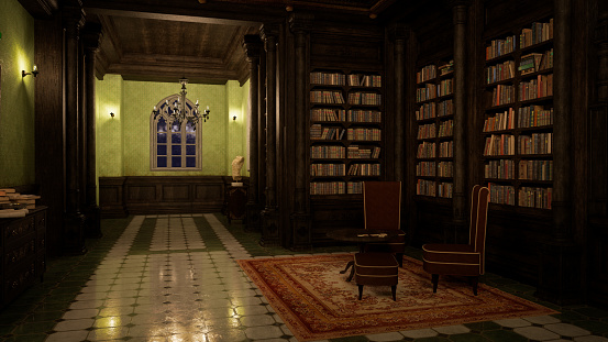 3D illustration of an old gothic styled library interior with bookcases, table and chairs.