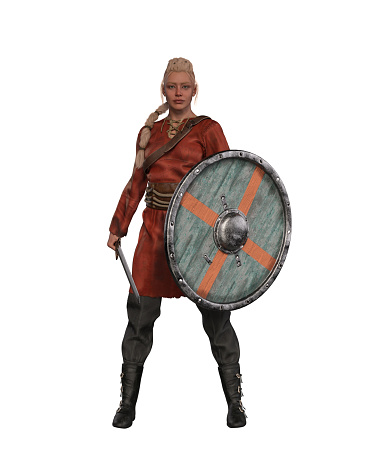 Blonde haired Viking shield maiden standing with sword and shield. Isdolated 3D illustration..