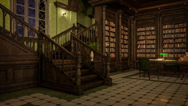 istock Interior of an gothic styled library in the evening. 3D illustration. 1869980423