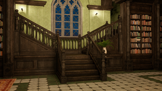 3D rendering of a grand wooden staircase in an old library with gothic styling.