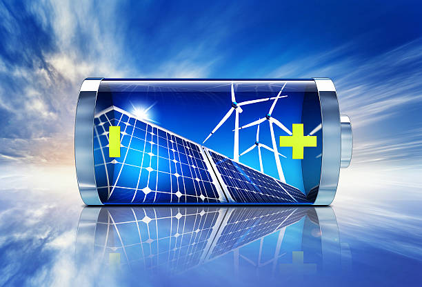 Blue battery featuring wind turbines and solar panels high resolution 3D rendering of a green energy concept liquid battery stock pictures, royalty-free photos & images