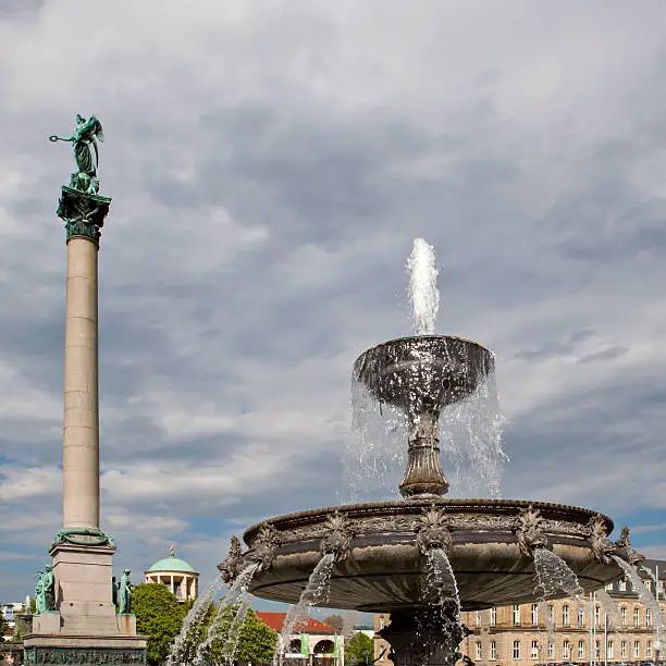 Fountain and Victory Column at Square Schloßplatz, Stuttgart, Germany