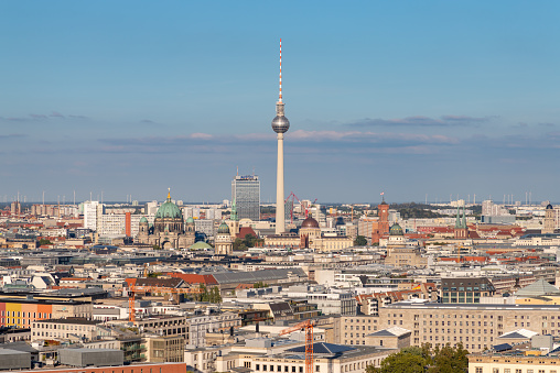 Aerial view of Berlin skyline with skyscrapers and red town hall