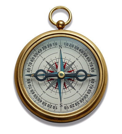 Brass compass on a wooden background