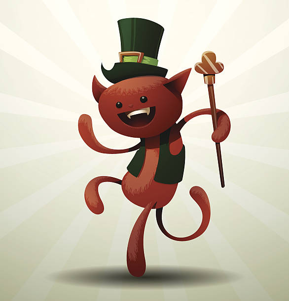 illustrations, cliparts, dessins animés et icônes de saint patrick chat avec une canne - st patricks day pot of gold clover irish culture