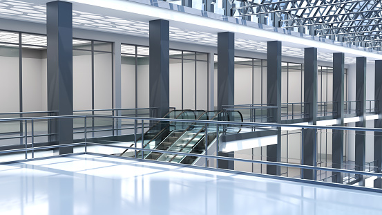 Hall of shopping mall, glass store facades, transparent glass ceiling, escalators and columns. 3d illustration