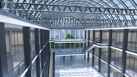 Atrium in a mall, transparent glass ceiling and glass store facades. 3d illustration