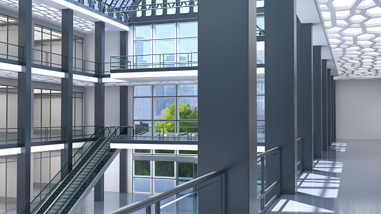 Hall of shopping mall, glass store facades, polygon lighting ceiling, escalators and columns. 3d illustration