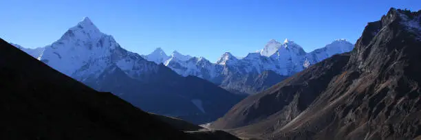 Photo of Famous Mount Ama Dablam and other high mountains in the Everest National Park, Nepal.