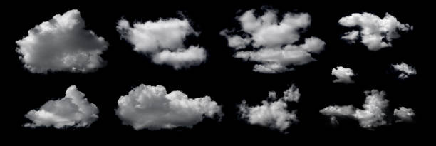 istock Clouds set isolated on black background. White cloudiness, mist or smog background. Design elements on the topic of the weather. White cloud collection. 1870001645
