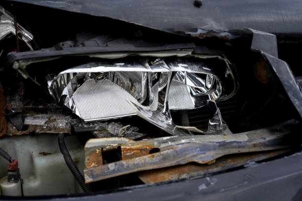 istock Broken headlight on a black car, close-up.Accident, repair concept 1870010075