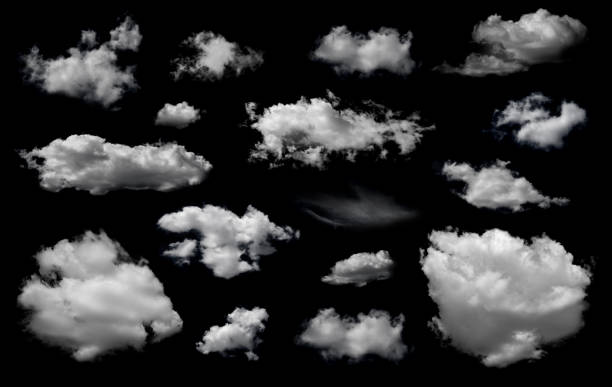 istock Clouds set isolated on black background. White cloudiness, mist or smog background. 1870012735