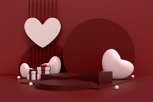 Beautiful 3D Rendering of Valentine's Day Concept. Romantic Greeting Card, Product and Podium Display Design with Hearts, Love, and Sentiment