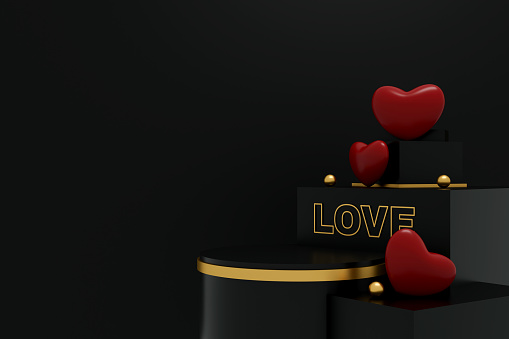 Beautiful 3D Rendering of Valentine's Day Concept. Romantic Greeting Card, Product and Podium Display Design with Hearts, Love, and Sentiment