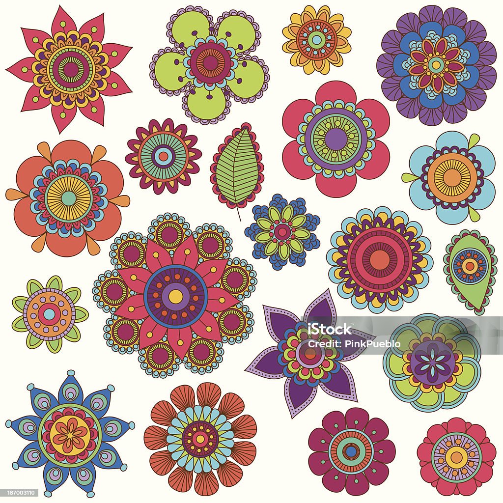 Vector Collection of Doodle Style Flowers or Mandalas Vector Collection of Doodle Style Flowers or Mandalas. Large JPG included. No transparencies or gradients used. Each flower is grouped individually for easy editing. Mandala stock vector