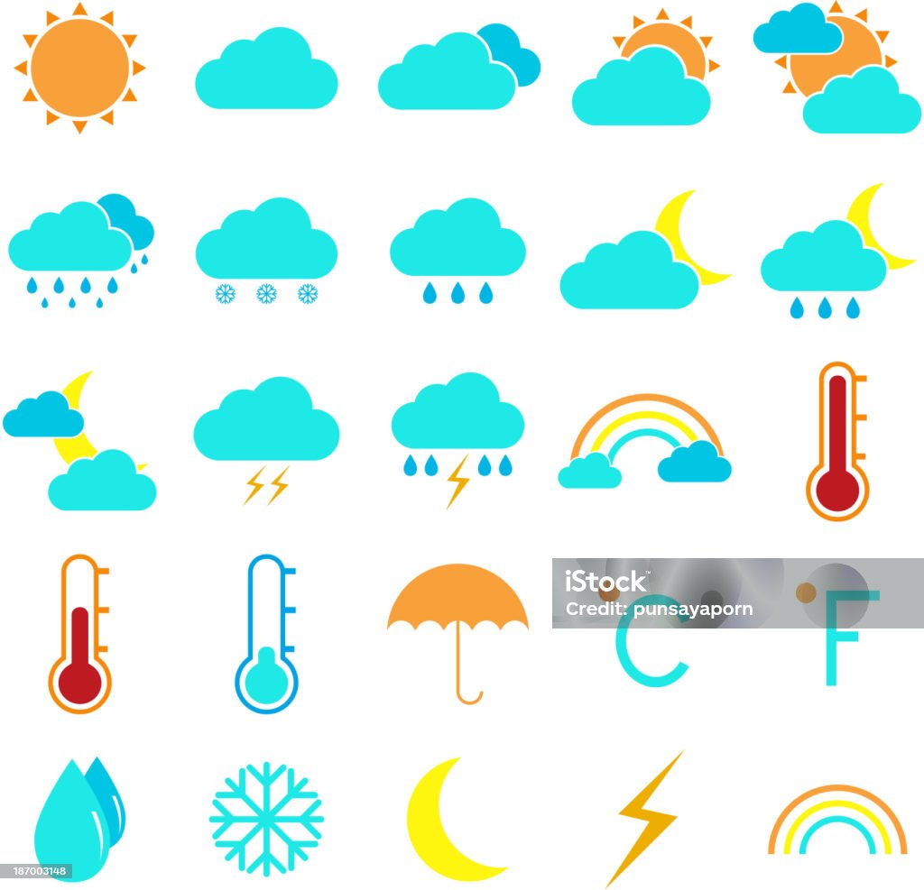 Tiempo y clima iconos de colores sobre fondo blanco - arte vectorial de Amarillo - Color libre de derechos