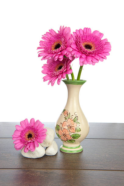 istock Pink Gerbera in decorated vase and white rocks 187003262