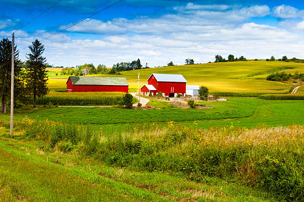 istock Red barn and farmhouse in green hills with blue sky and tree 187003376