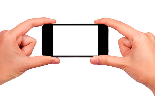 istock Women holding hands mobile phone, white background. 187003879