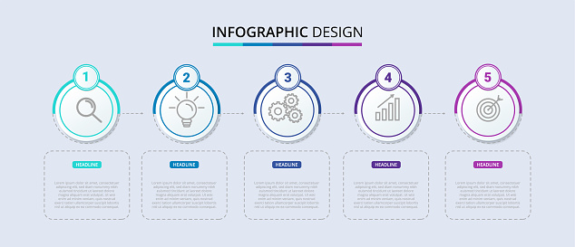 Five steps infographic design. Information chart in flat design in hexagon shape, isolated on white background