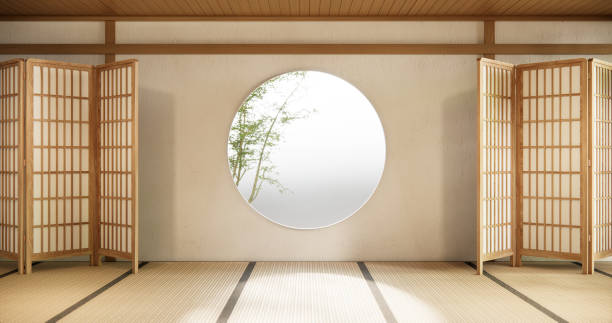 istock Circle window japan style on Empty room minimalist room interior, 1870057871