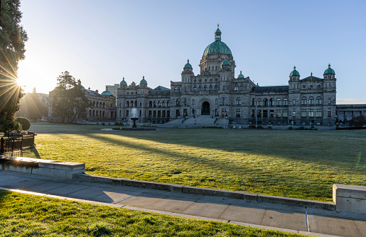 Sunrise over parliament buildings and grounds