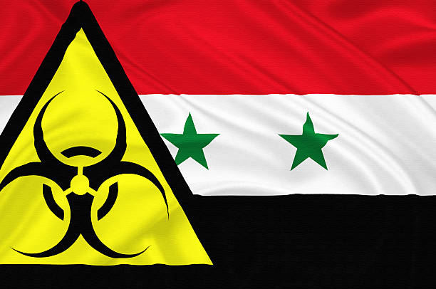 Syria crisis Flag of Syria with the chemical weapons sign  waving with highly detailed textile texture pattern representing the chemical attack Inside the Damascus suburb biochemical weapon photos stock pictures, royalty-free photos & images