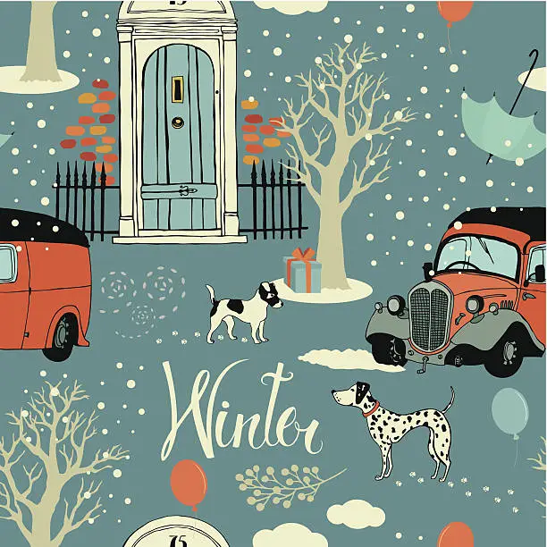 Vector illustration of Dogs, vintage cars, snow and winter trees. Seamless background