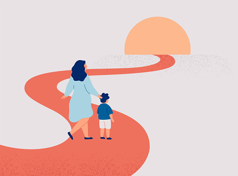 Woman guides and supports son on his life pathway. Child does first steps in personal realisation. Single mother with baby boy want to immigration into new life. Childcare and family bonds concept