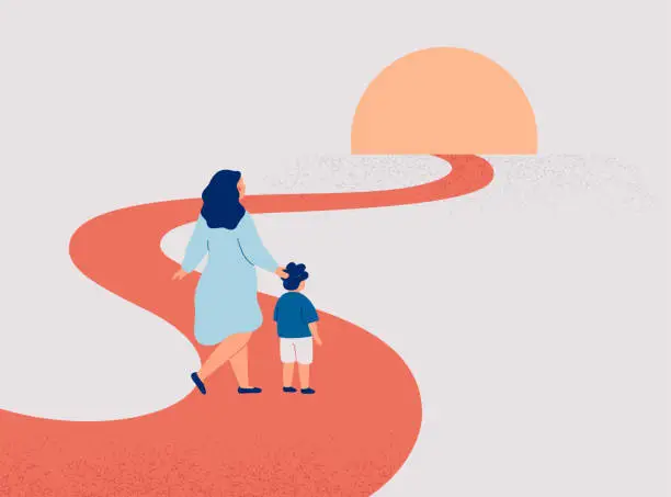 Vector illustration of Woman guides and supports son on his life pathway. Child does first steps in personal realisation. Single mother with baby boy want to immigration into new life.