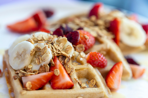 Delicious waffle breakfast with fruit