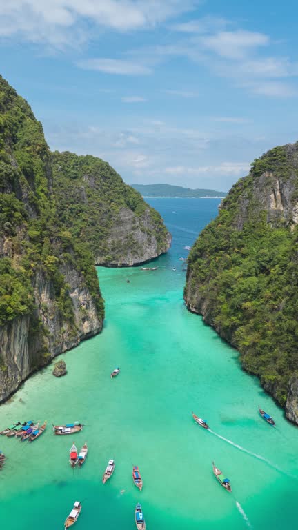 Aerial view of Maya Beach Travel Landmark of  Phi Phi islands Krabi, Thailand.