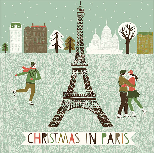 Christmas in Paris Christmas in Paris greeting card design with skaters in the park below the Eiffel tower and seasonal wishes with an urban backdrop eiffel tower winter stock illustrations