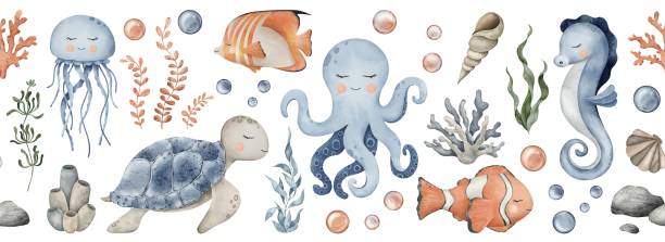 istock Underwater Animals seamless border. Cute undersea endless line with octopus, seahorse, jellyfish, turtle, clownfish, shells, algae, corals and bubbles. Hand drawn watercolor illustration of sea Fish for kids 1870147021