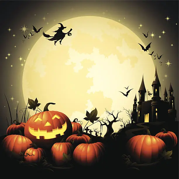 Vector illustration of Halloween Pumpkin Pile - Haunted Castle