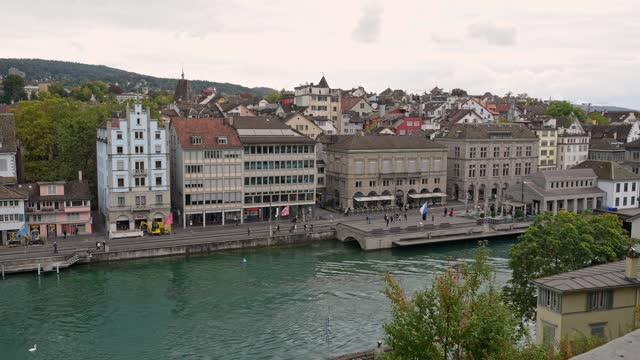 Historic District And Quay Of Limmat River In Zurich From Lindenhof Hill