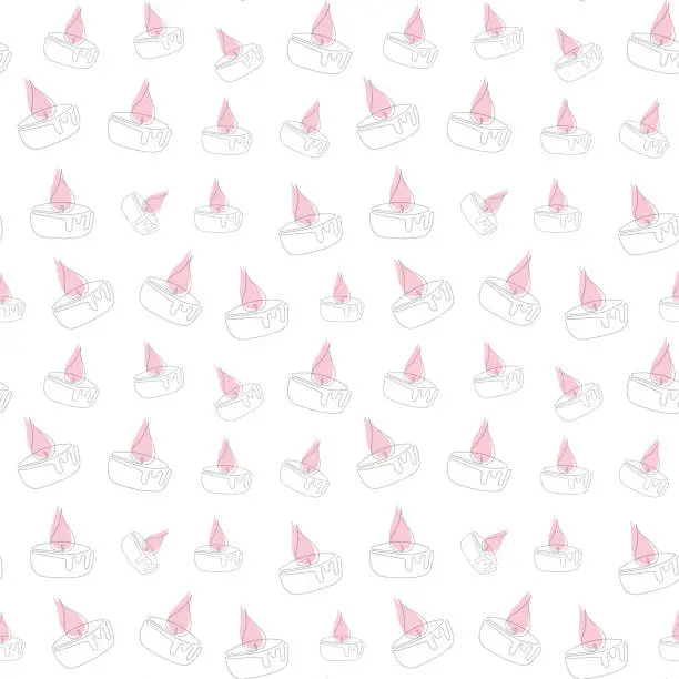 Vector illustration of Seamless pattern of pink burning scented candles on a white background. Continuous one line drawing. Ideal for print, textile, wrapping paper, postcard, aromatherapy, relaxation design, background.