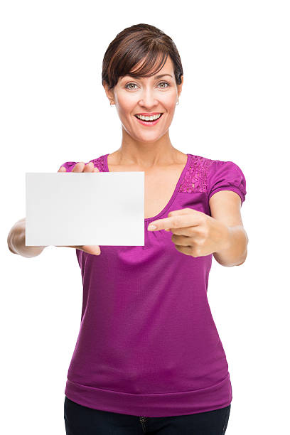 istock Excited woman pointing a blank card 187016453