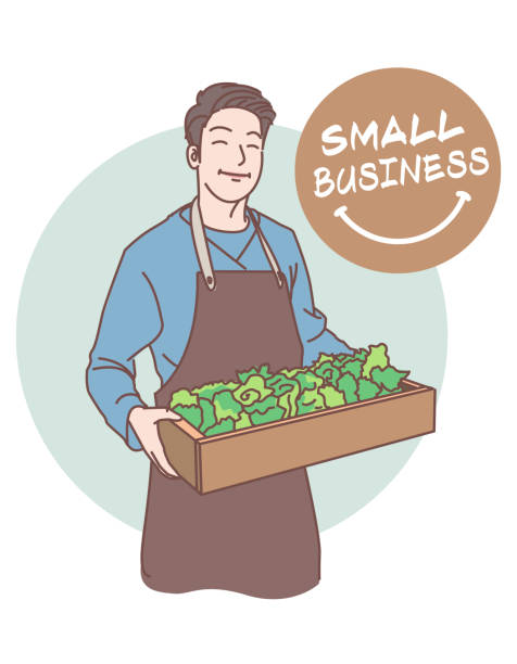 A happy small business owner. A happy small business owner with a bright smile on his face. Illustration. small business owner on computer stock illustrations