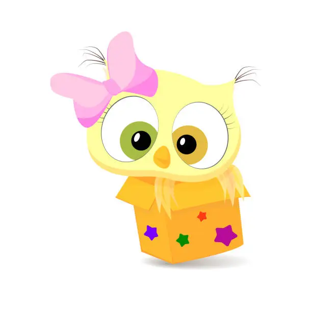 Vector illustration of A little owlet with a pink bow peeks out of the box. Vector illustration
