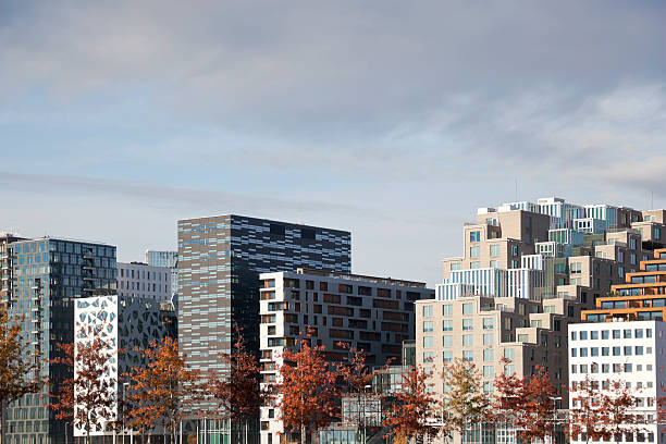 New skyline in fall. New skyline of Oslo under development.  Barcode-buildings in Bjorvika. norway autumn oslo tree stock pictures, royalty-free photos & images