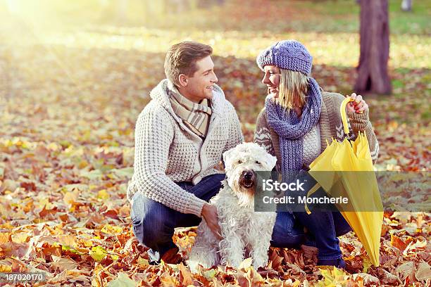 Young Couple Having An Autumn Walk With Their Dog Stock Photo - Download Image Now - 20-29 Years, 30-39 Years, Adult