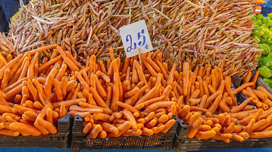 Borlotti Beans and Carrots Vegetables at Farmers Market Stall