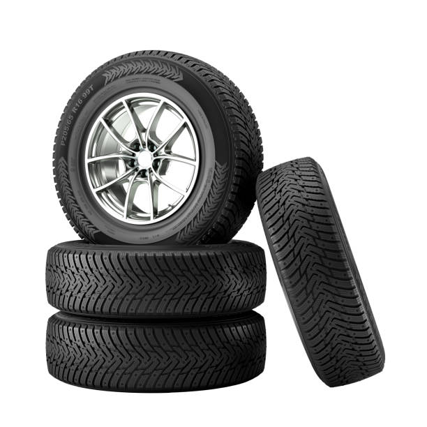 istock snow tyres stacked on a white background. 1870211479