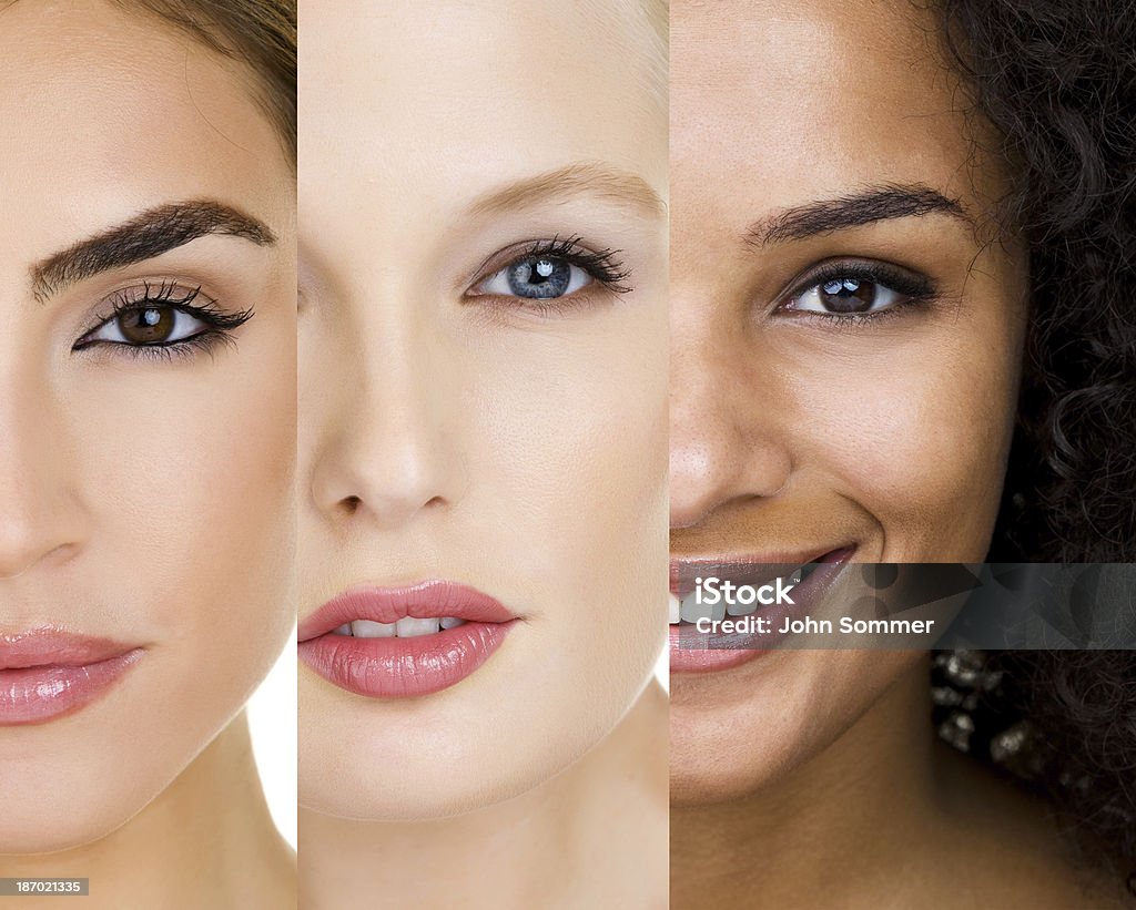 Caras de tres mujeres con diferentes tipos de piel - Foto de stock de Tono de piel claro libre de derechos