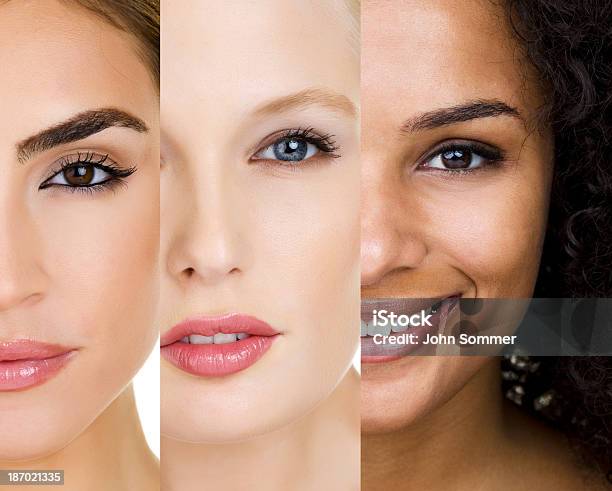 Caras De Tres Mujeres Con Diferentes Tipos De Piel Foto de stock y más banco de imágenes de Tono de piel claro - Tono de piel claro, Mujeres, Tres personas