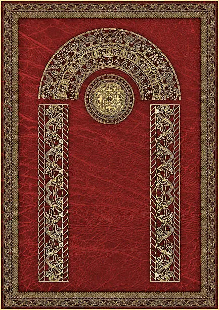 This Hi-Res, Medieval Arabesque Gilded Elaborate Decorative Pattern, with Serpentine-styled Columns, Barrel Vault and Rosette, on Old Dark Maroon Red Animal Skin Parchment Grunge Texture, is defined with exceptional details and richness, and represents the excellent choice for various CG Projects. 